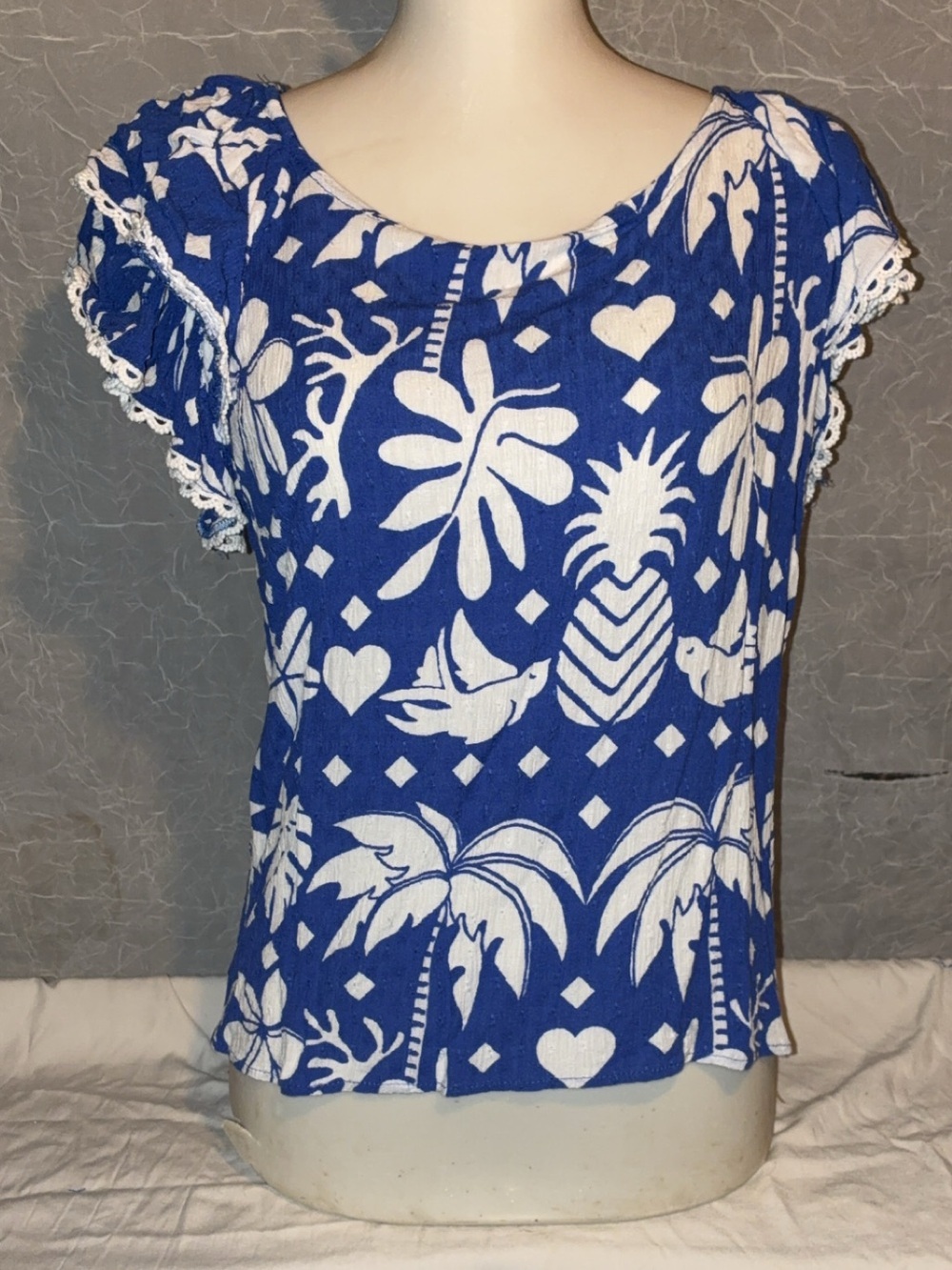 Christian Siriano Blue White Tropical Blouse XL